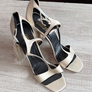 Versace Italy Ivory White Satin Strappy Open Toe Tassel Tie Heels 39.5 9